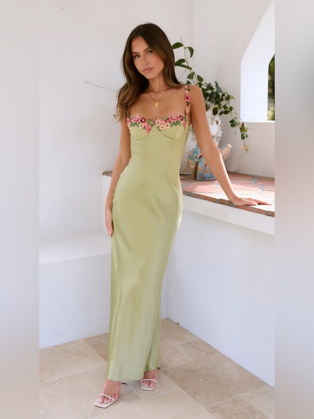 Angel Biba Sage Satin Slip Maxi Dress with Floral Applique (NWT)